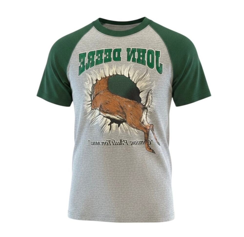 Vintage John Deere Men’s Medium Deer Graphic T-Shirt Gray Green Hunting